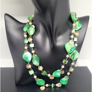 Vintage Necklace Green Enamel Multi Strand Pearl Resin Gold Tone Statement